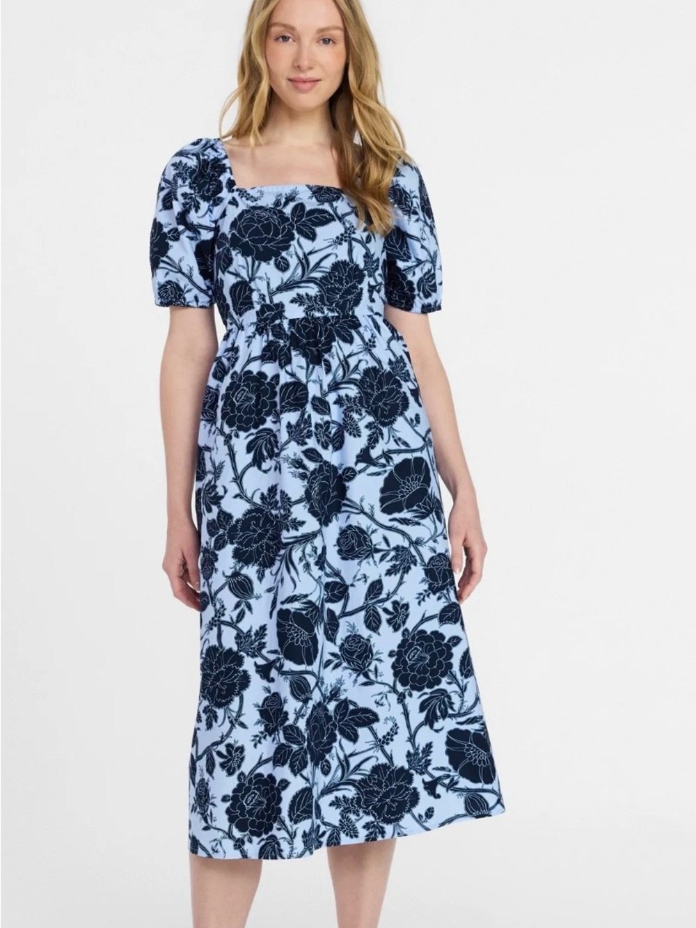 Time and Tru Light Blue Midi Dress with Navy Floral Print